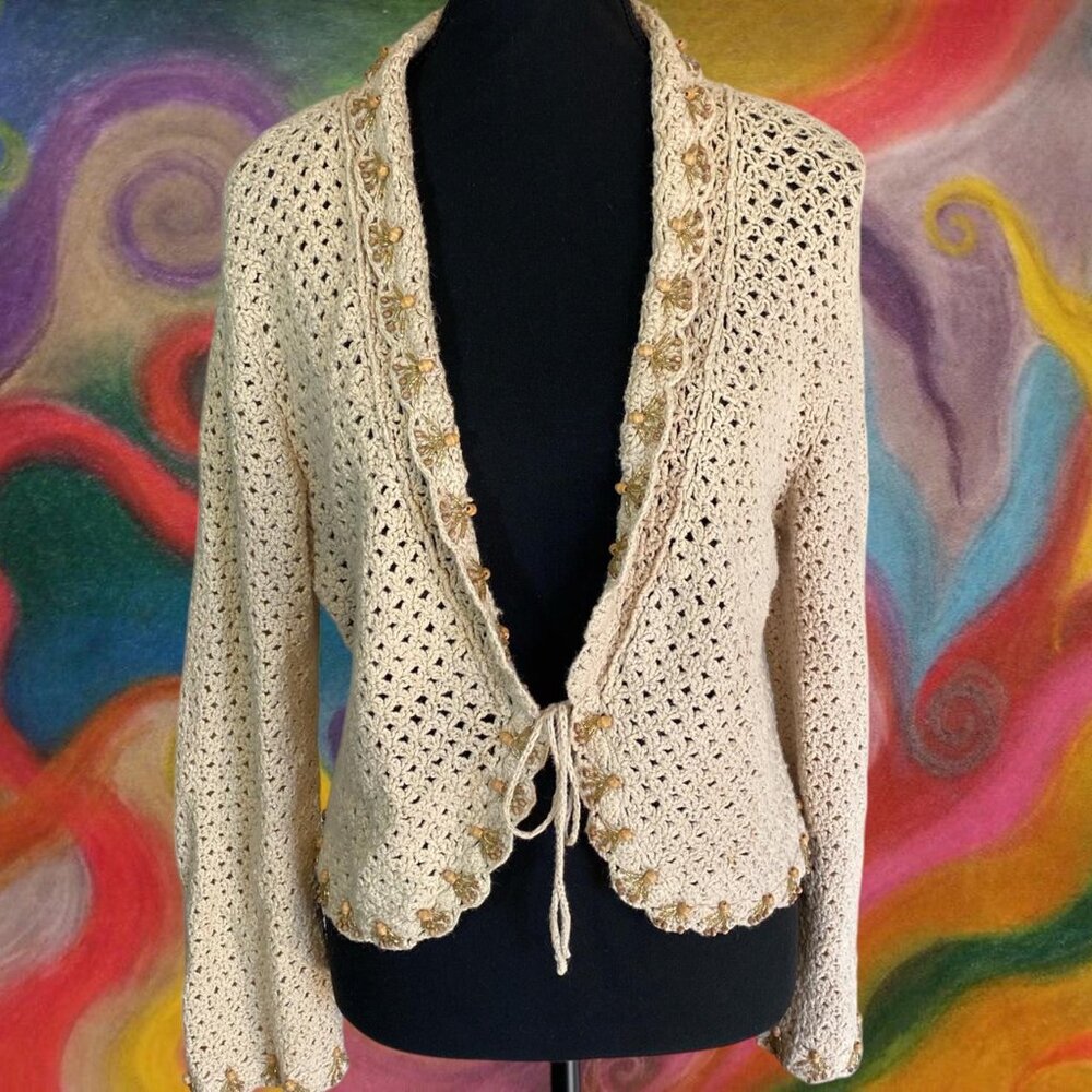 VTG Nine West cream & gold beaded crochet cardigan